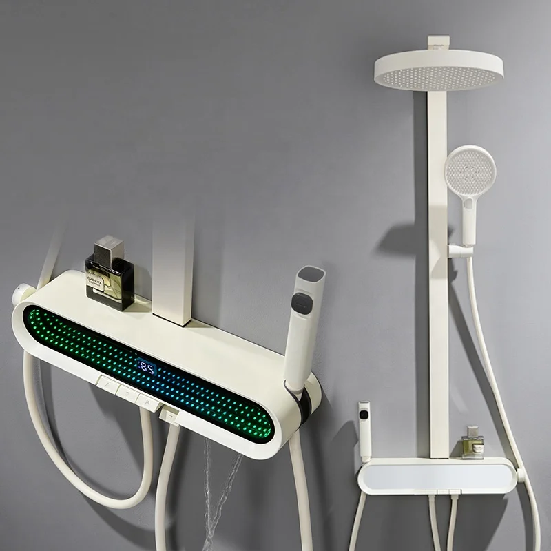 Smart Hot Selling Household White Shower Column Waterfall Modern Bathroom Thermostatic Shower Head Piano Key Digital Shower Set