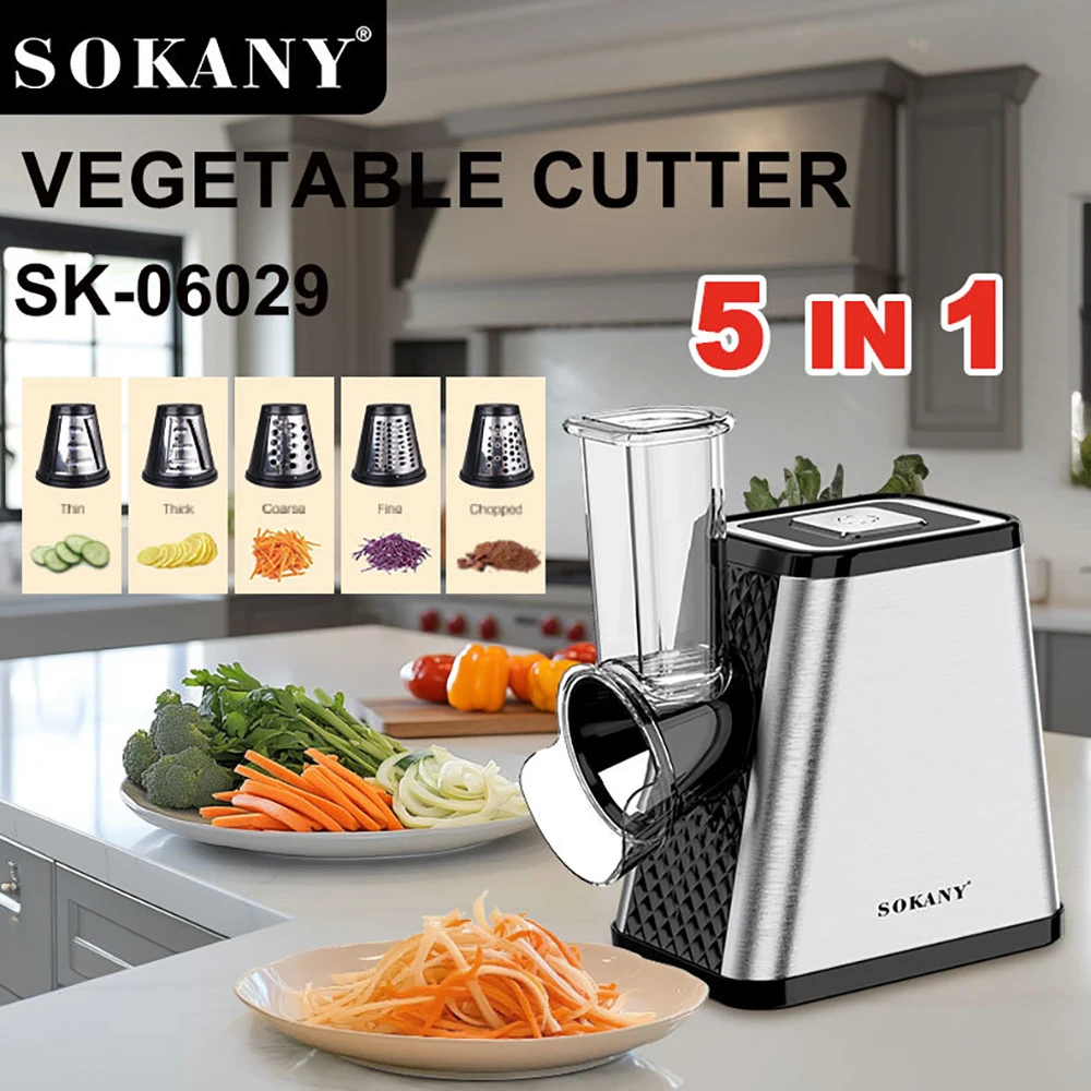 Electric vegetable cutter, 5-in-1 multi-function shredding, slicing, strip grinding, and porous vegetable cutter