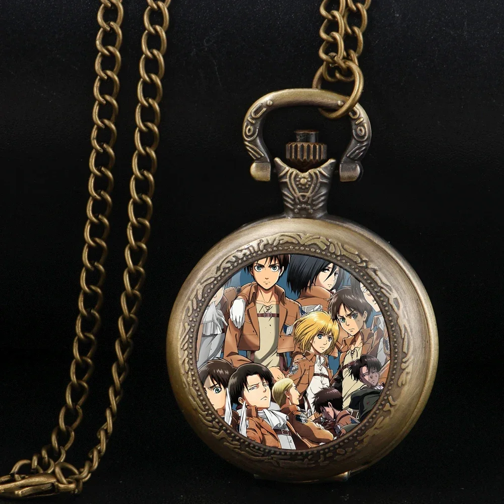 Vintage Attack on Titan Themed Pocket Watch: Glass Dome Quartz Pendant with Durable Chain, Arabic Dial for Anime Fans