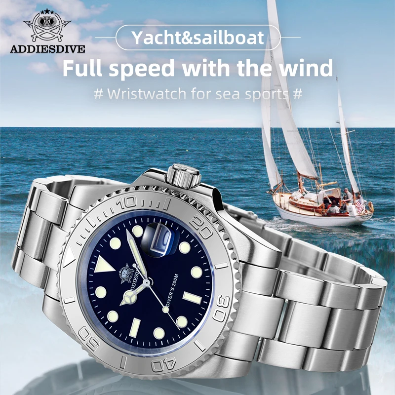 ADDIESDIVE Watch For Men Top Brand 316L Stainless Steel BGW9 Blue Luminous 20Bar Waterproof Fashion Quartz Wristwatches Gifts