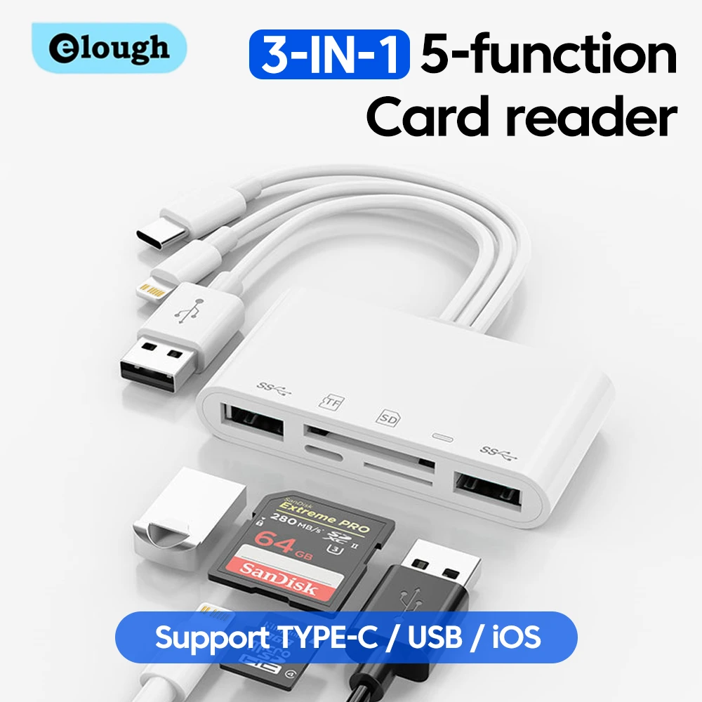 Elough 5 In 1 Card Reader ios Type C to USB 2.0 SD TF Memory Card Reader Adapter For iPhone MacBook Huawei Flash Drive Adaptador