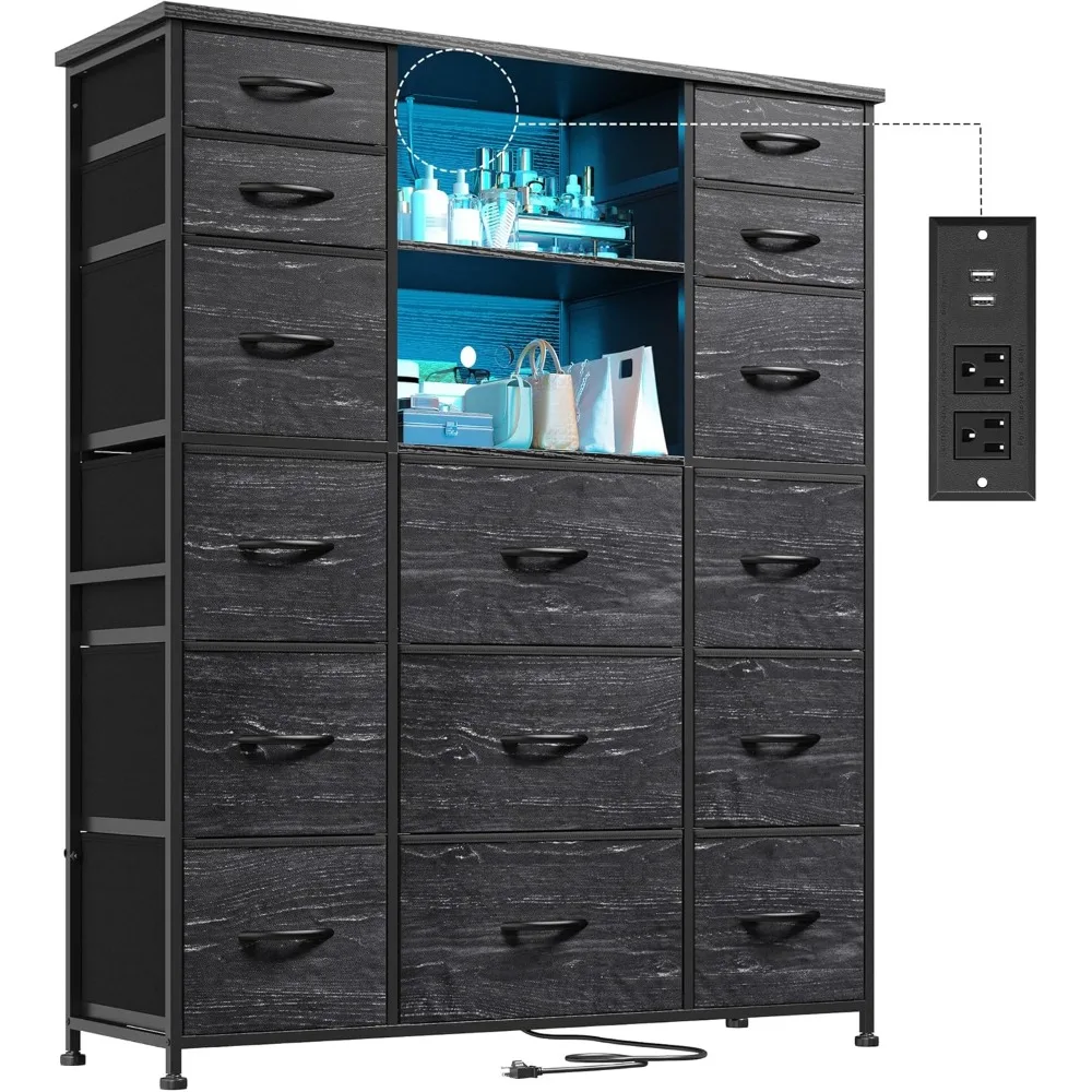 Tall Dresser with 15 Drawers Dresser for Bedroom with Charging Station & LED Lights & Hutch Sturdy Black Bedroom Dressers
