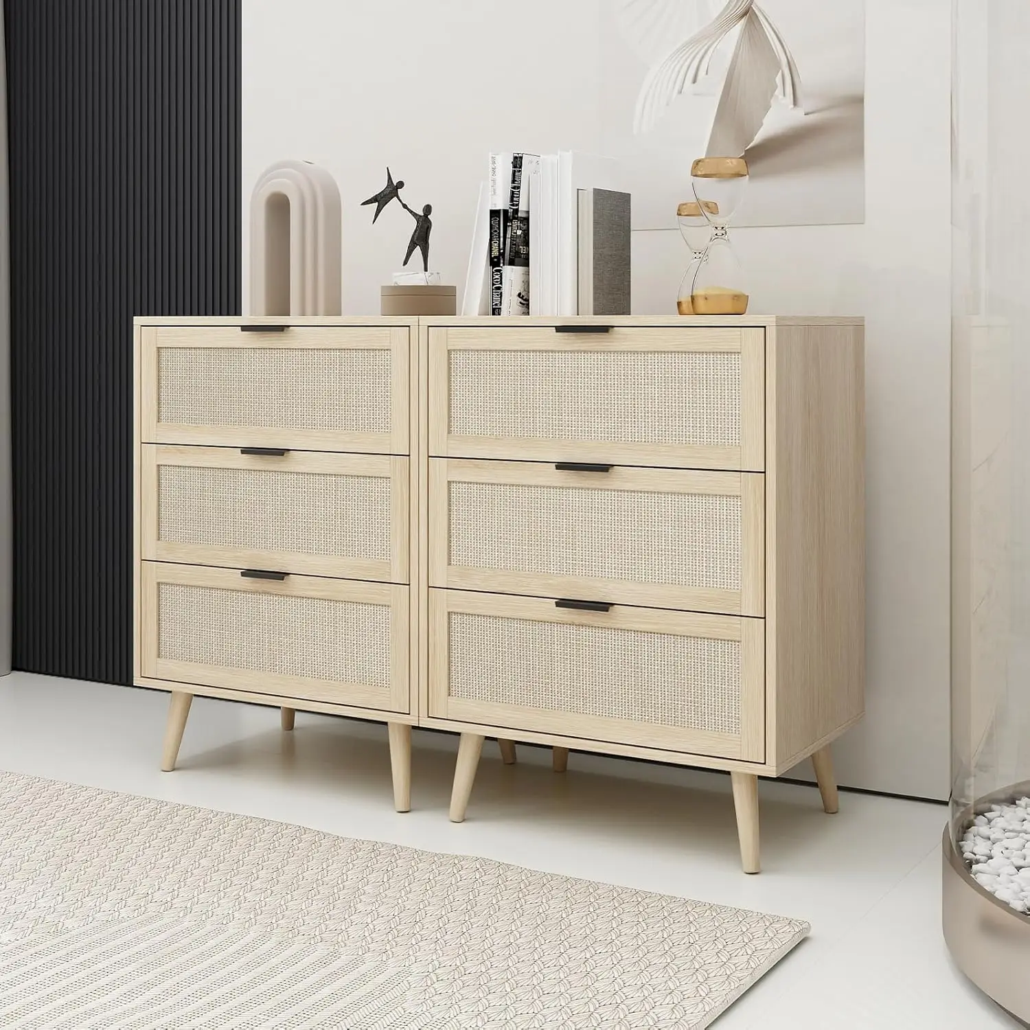 3 Rattan Drawers Dresser For Bedroom, Wood Chest Of Drawers, Modern Accent Storage Cabinet, Wicker Boho Nightstand For Living