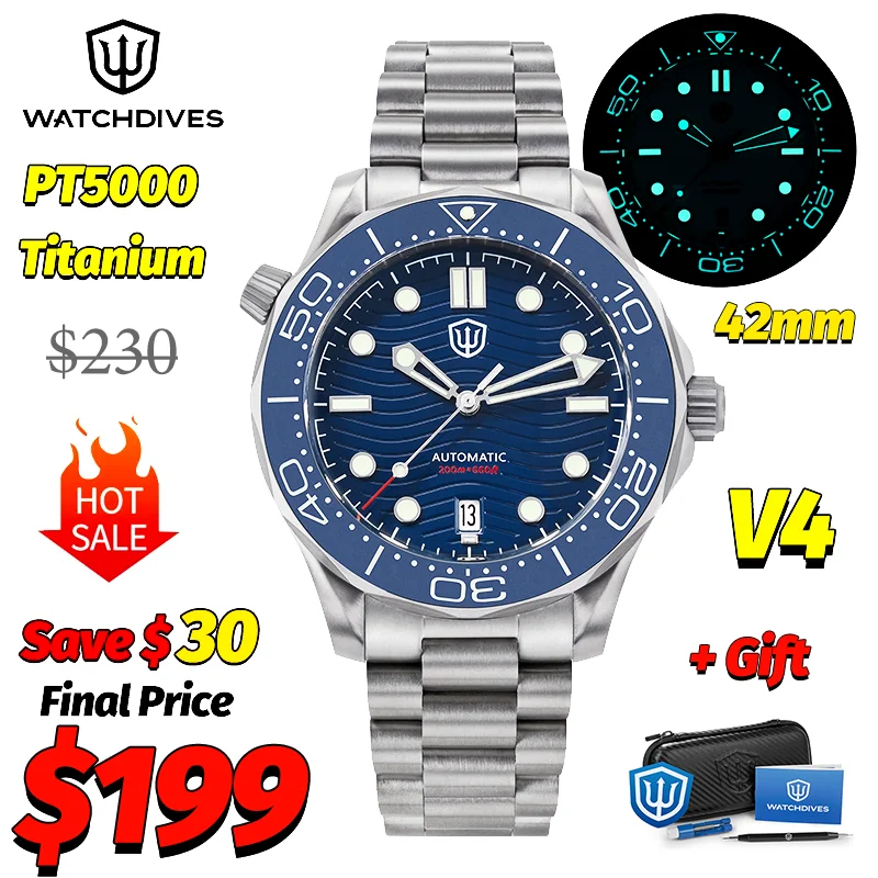 Watchdives WD007 V4 007 NTTD Mechanical Titanium Watch 42Mm Automatic PT5000 Sapphire 200M Waterproof Luxury Watches Man Gift