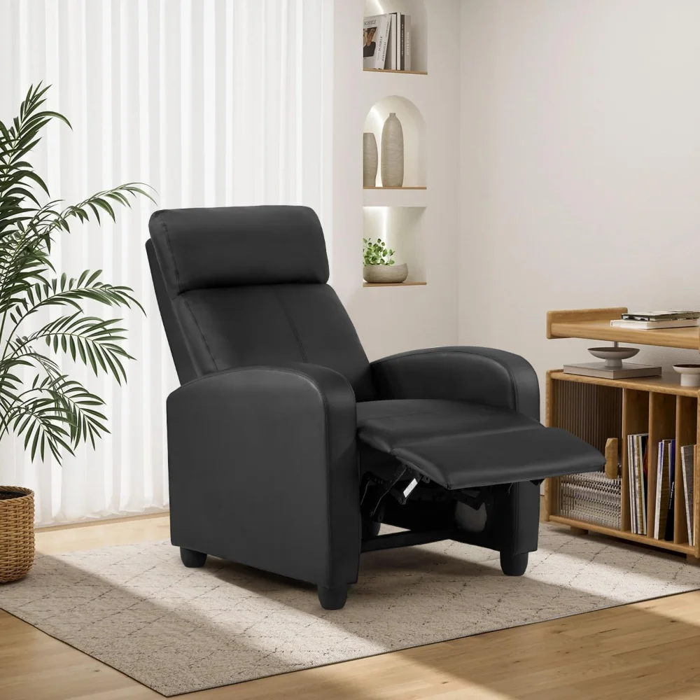 Recliner Chair | No Massage Function | Leather Black | with Lumbar Support, Adjustable Push Back, Wide Armrests