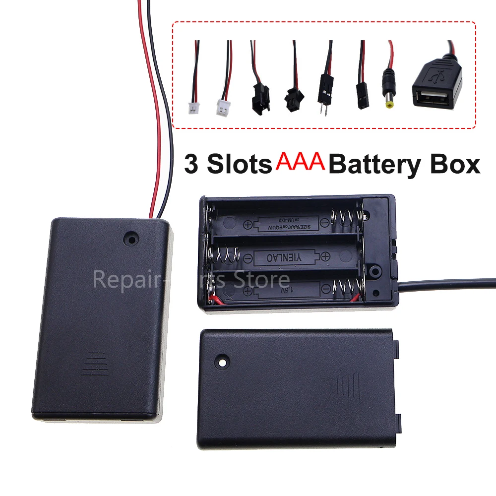3 Slots Battery Storage Case AAA Battery Holder Box With Switch & Cover & PH2.0 XH2.54 DC5.5X2.1 USB2.0 DuPont Terminal Wire