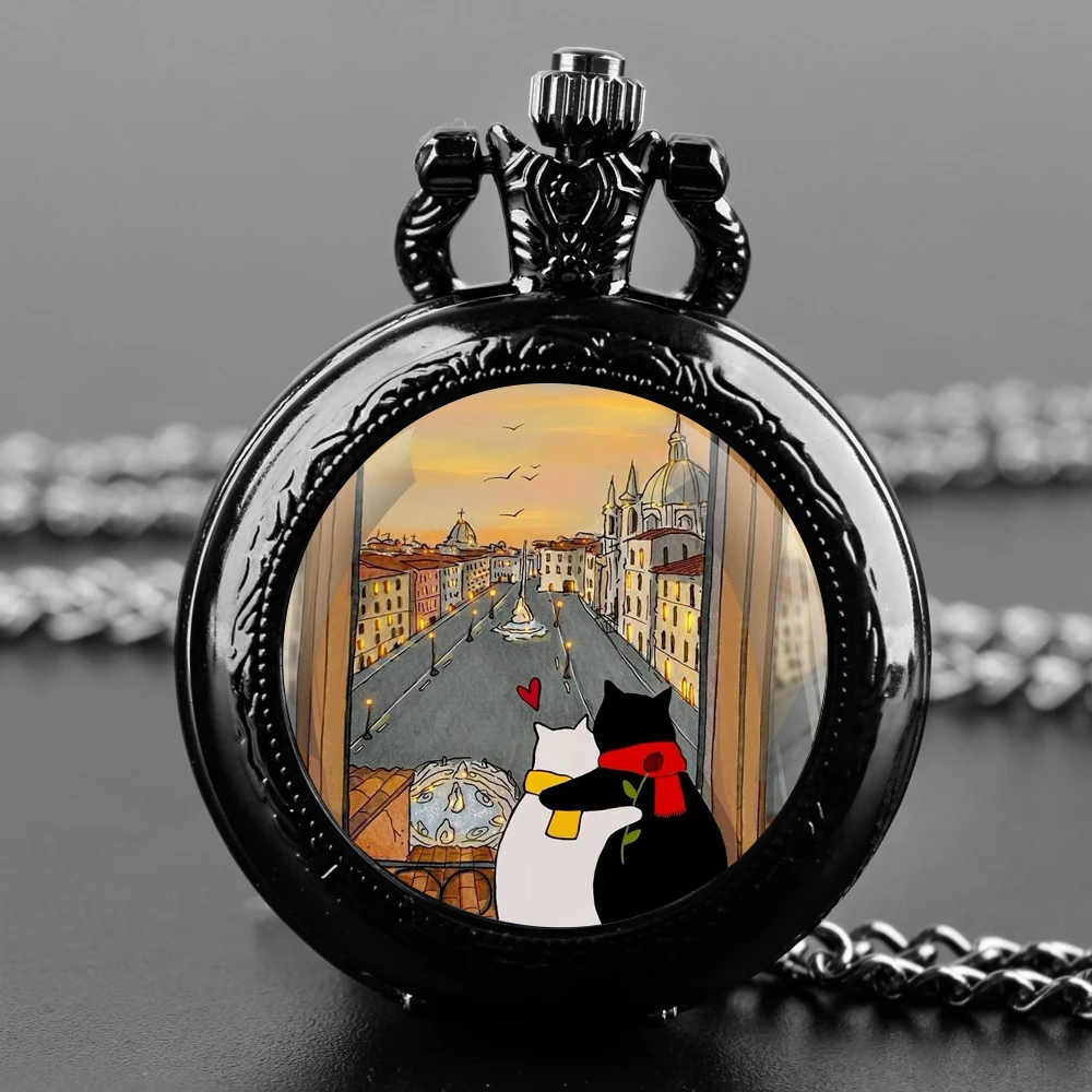 Warm Couple Cats Design Glass Dome Quartz Pocket Watch With Durable Chain Arabic Numeral Dial Extraordinary Gifts for Couple