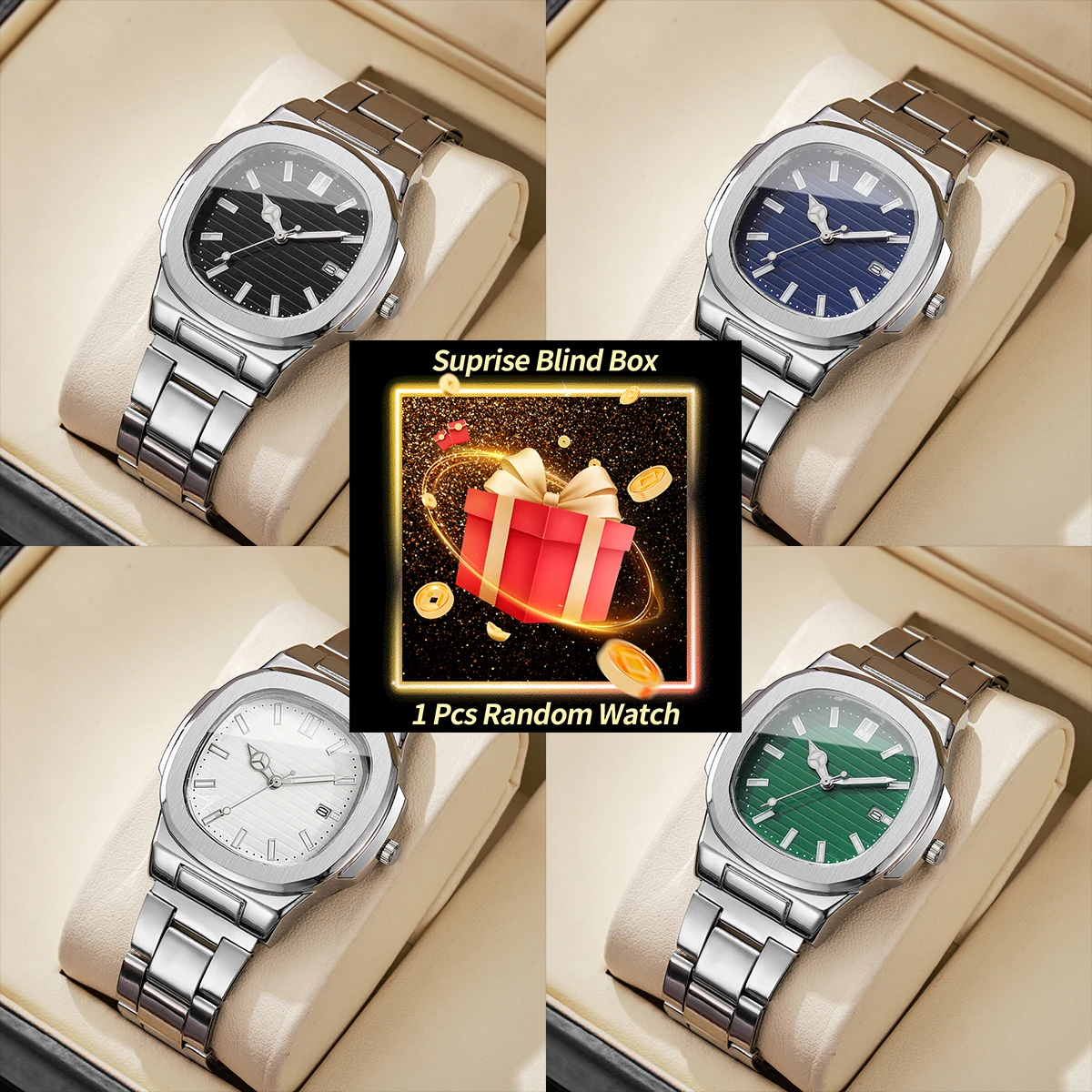 1PC Surprise Watch Mystery Box-Fashion Square Men Business Watches Stainless Steel Calendar Quartz Watch （Without Box）