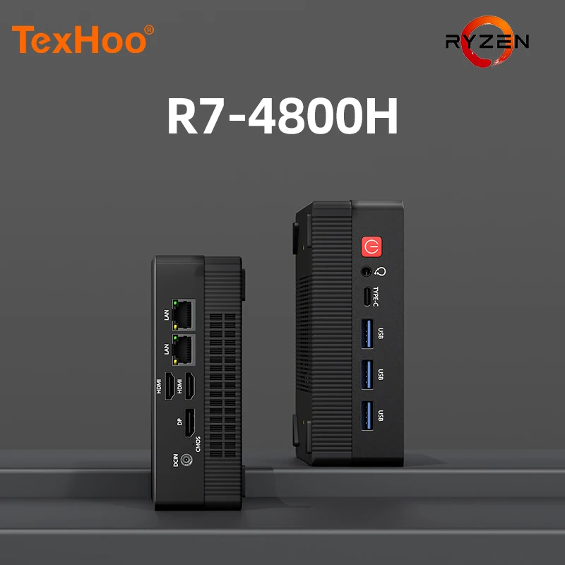 TexHoo Mini PC AMD R7 4800H R3 5400U up to 32G DDR4 1T NVMe Dual HDMI DP Wifi6 WDesktop Gaming Computer Dual network ports