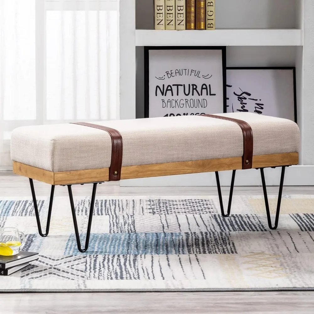 Industrial Modern Linen Rectangle Ottoman Bench with PU Strap and Metal Legs, Dining Table Bench Footstool Entryway Shoe Bench