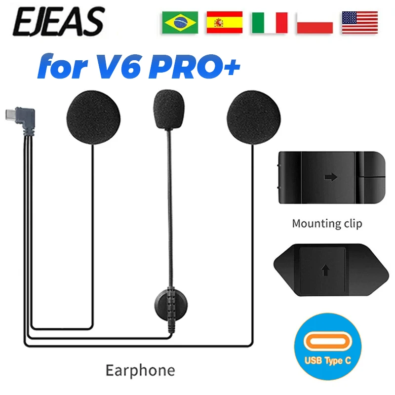 Original For EJEAS V6 PRO+ V4PLUS V7 Q7  Q8 Type-C Plug Motorcycle Helmet Headset with Speaker Microphone Optional Clip & Base