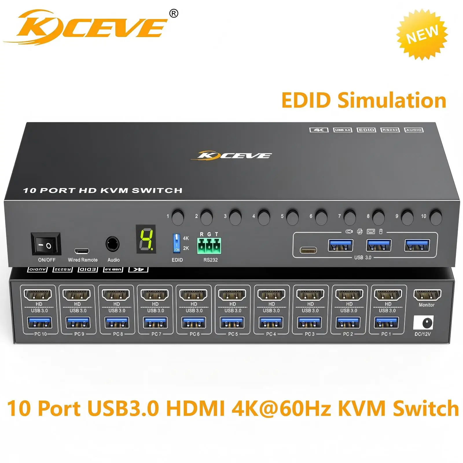 10 Port 8 Port KVM Switch HDMI 4K@60Hz EDID Simulation,KCEVE USB 3.0 KVM Switch for 10 Computers Share 1 Monitor + 4 USB Devices