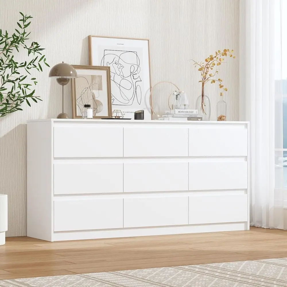 63 Wide Wooden Drawer Chest Organizer for Bedroom, Living Room, or Hallway in White