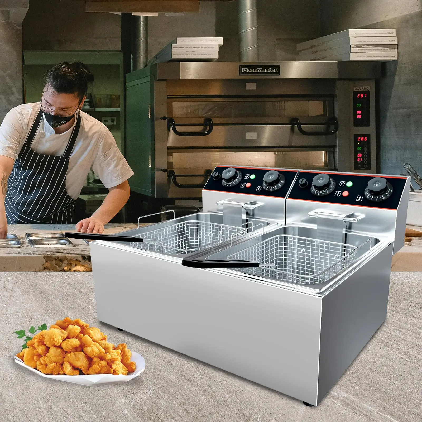 6/8/11L Commercial Electric Deep Fryer 1500/3000W Safety Protection Adjustable Temp 1/2 Baskets Stainless Steel For Home Kitchen