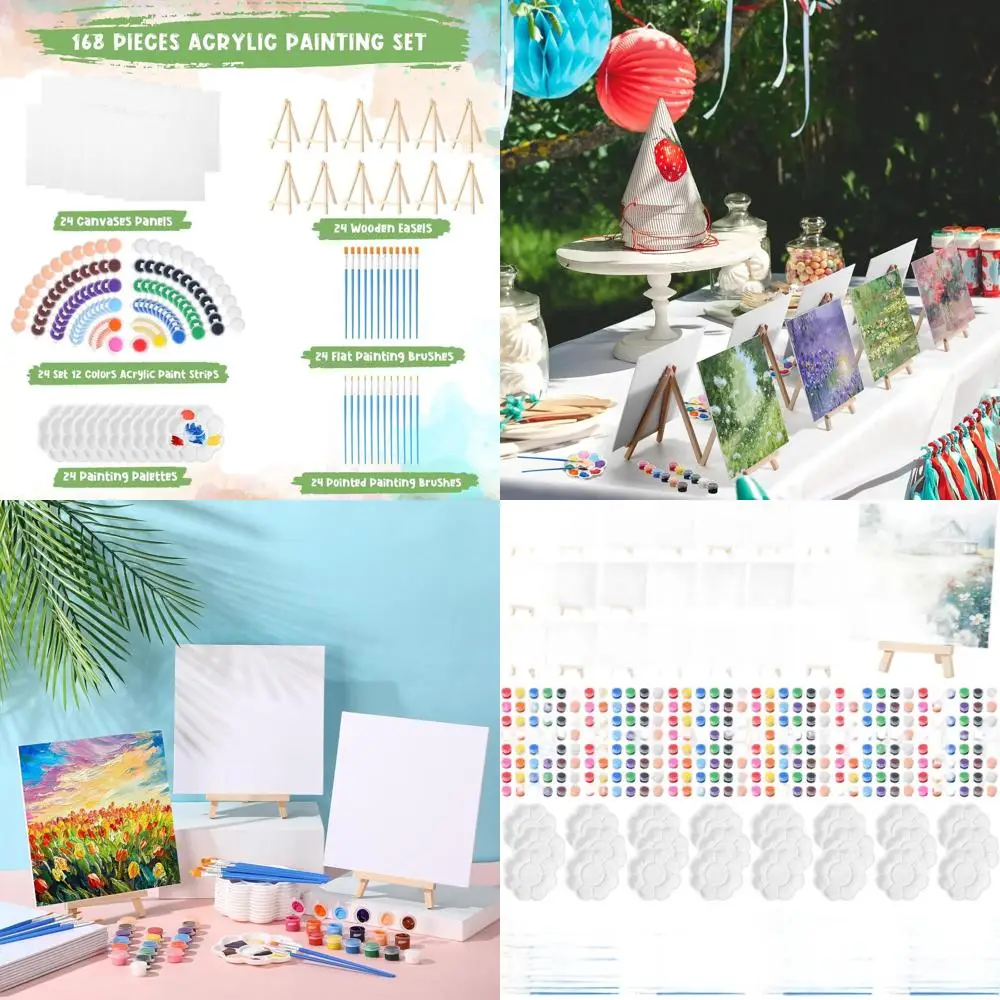 24-Piece Set: 8x8 Inch Canvas Boards, Easel, Acrylic Paint Strips, Palettes, Brushes, Canvases for Painting Kits - Ideal for Kid