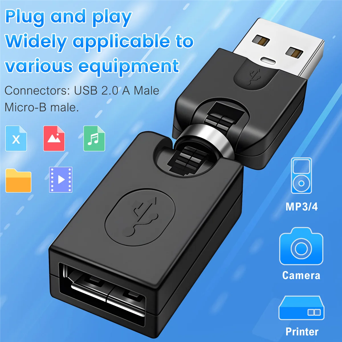 Black USB 2.0 Male To USB Female 360 Degree Rotation Angle Extension Adapter G