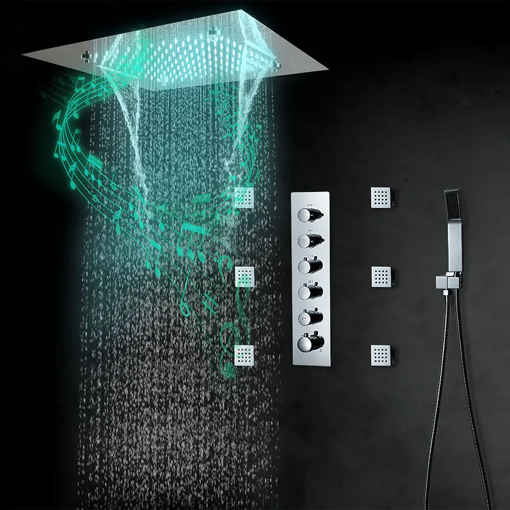 Smart LED Shower Head Rainfall Rain Massage Thermostatic Concealed Bathroom Set Polished Ceiling Mount Rainfall Thermostatic