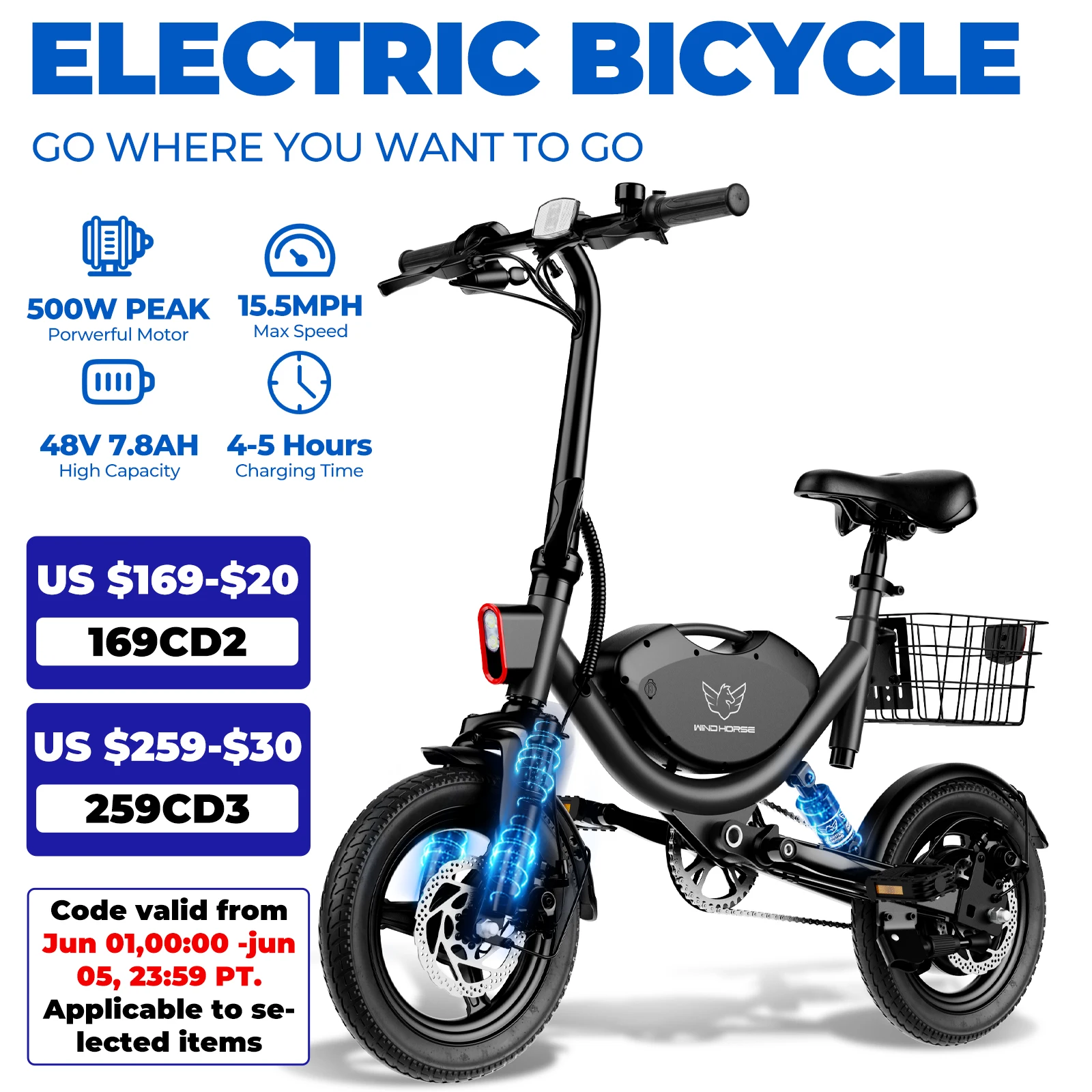 500W folding adult electric bicycle, 22MPH, 35 mile 14 inch tires dual suspension, 36V7.8AH battery, with seat and basket
