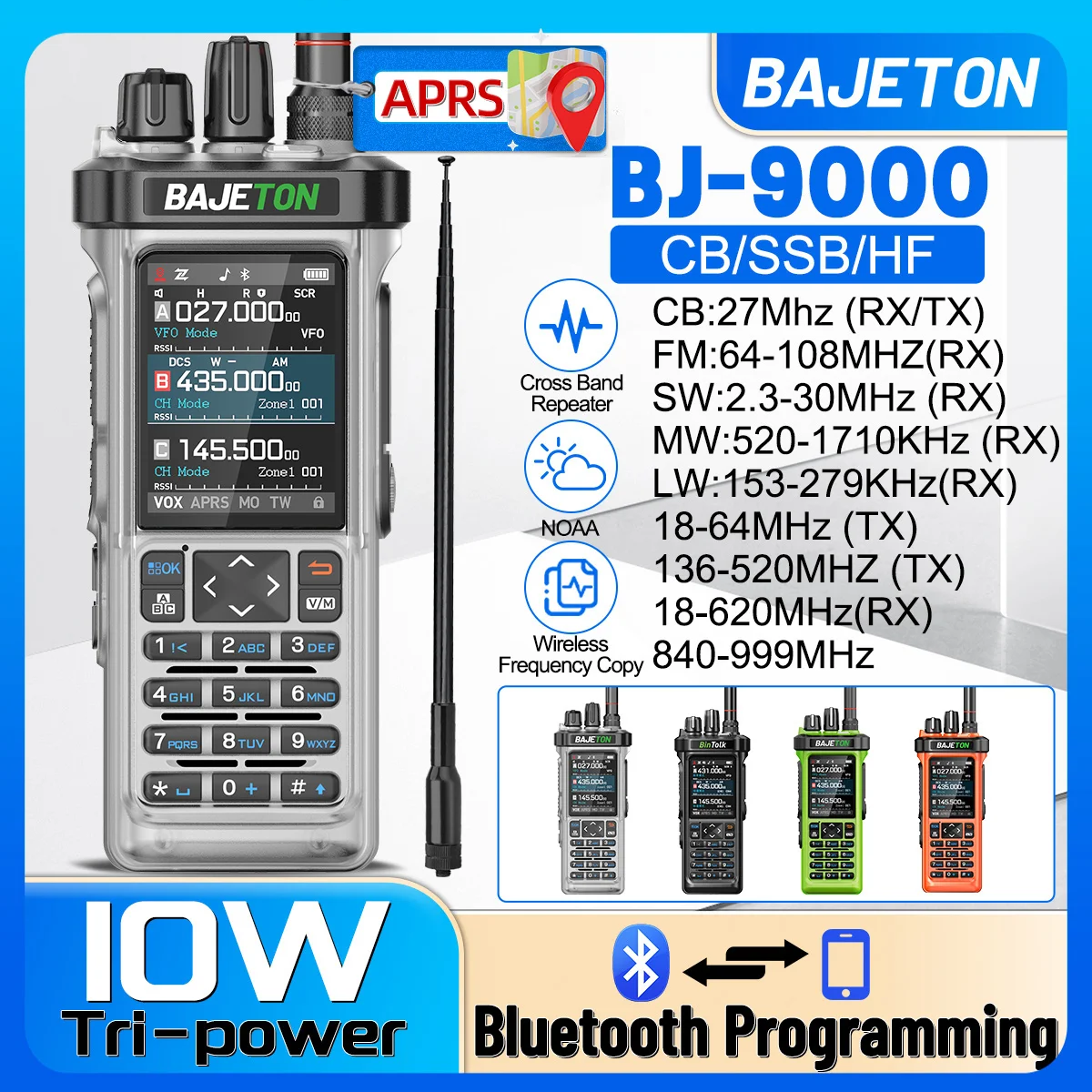 BAJETON BJ-9000 Walkie Talkie APRS/GPS 10W CB Cross Band Bluetooth APP Programming Long Range VOX For RT-950 RT-950PRO Ham Radio
