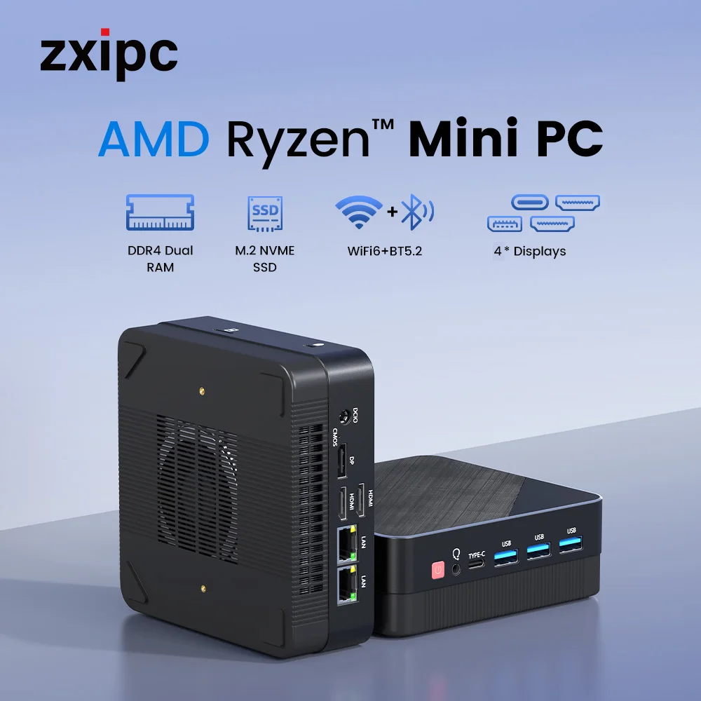 ZXIPC Mini PC Ryzen 7 5800U 4800H 4500U 5500U DDR4 16GB 512GB Nvme SSD WIFI6 BT5.2 Desktop MINI PC Gamer Computer Four Display